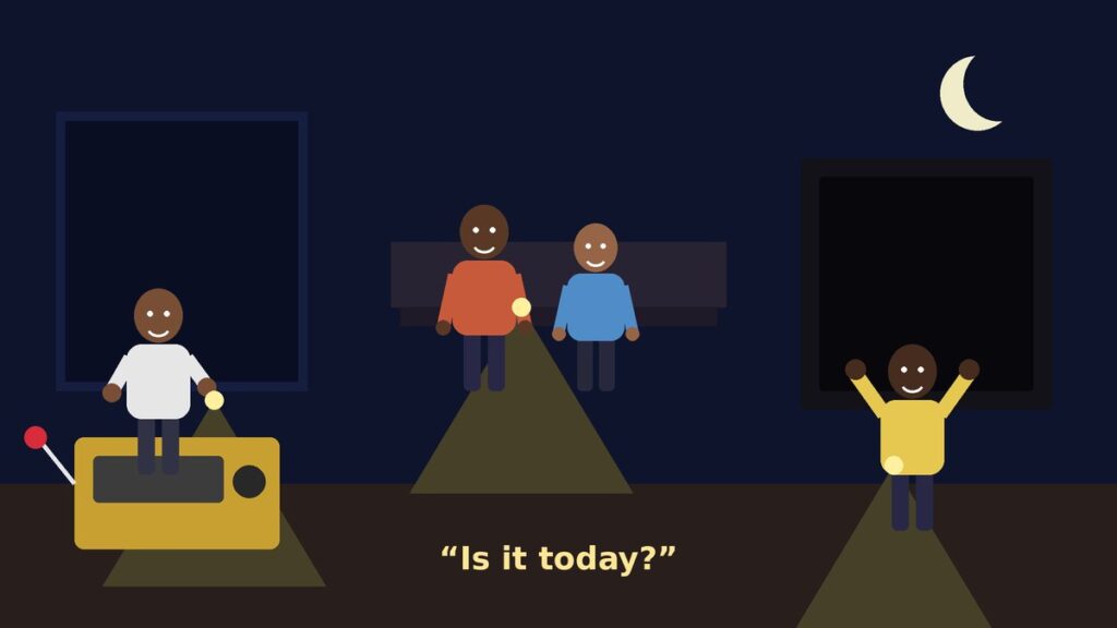 Illustration of a family sitting in a dark living room lit by phone torches while a man pulls the cord of a small generator