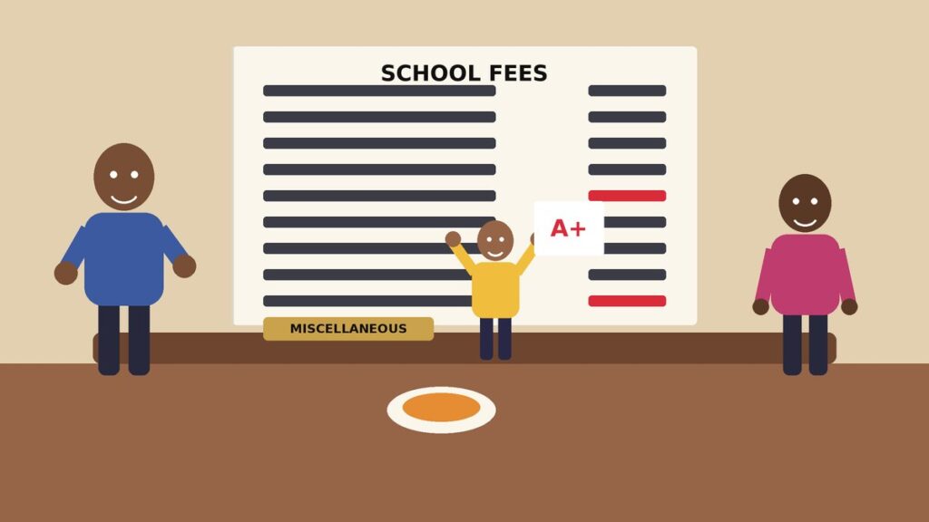 Illustration of a father at a dining table studying a long school fees invoice while a child holds up a report card