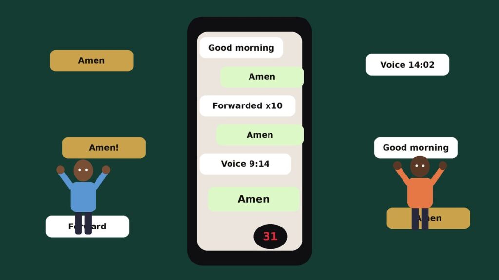 Illustration of a smartphone overflowing with chat bubbles, prayer emojis and voice note icons while a young woman covers her ears