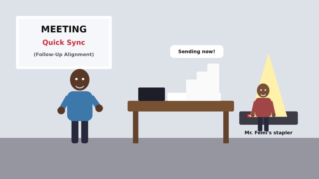 Illustration of a nervous new employee at a crowded office desk surrounded by stacks of files, a meeting board and a coworker pointing at a laptop
