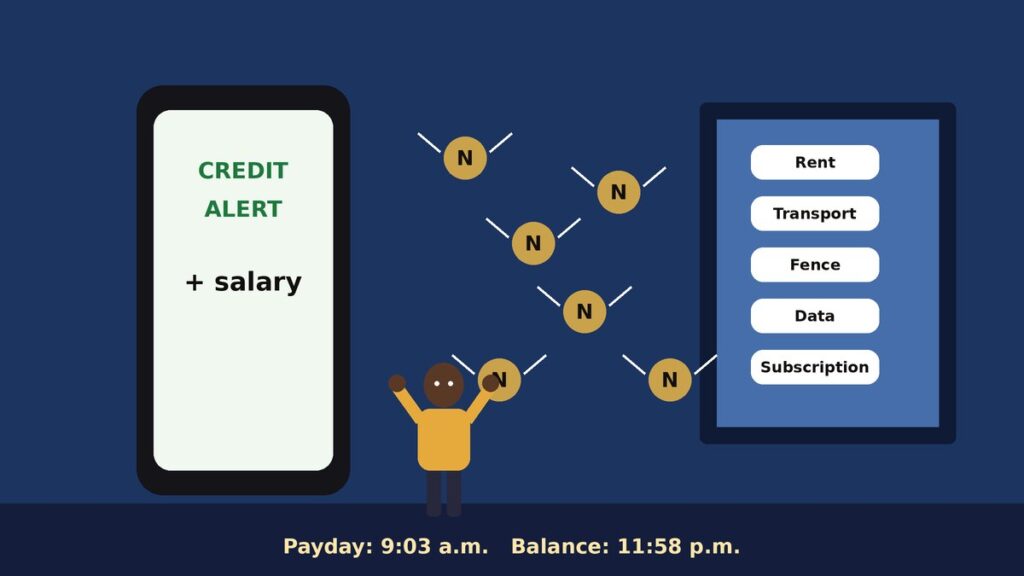 Illustration of a young man holding a phone with a bank alert while coins and banknotes fly away through the window with tiny wings