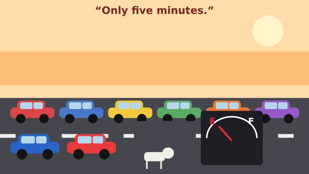 Illustration of a busy city road with a long line of colourful cars, a worried driver with a fuel gauge on empty and a passenger pointing in the wrong direction