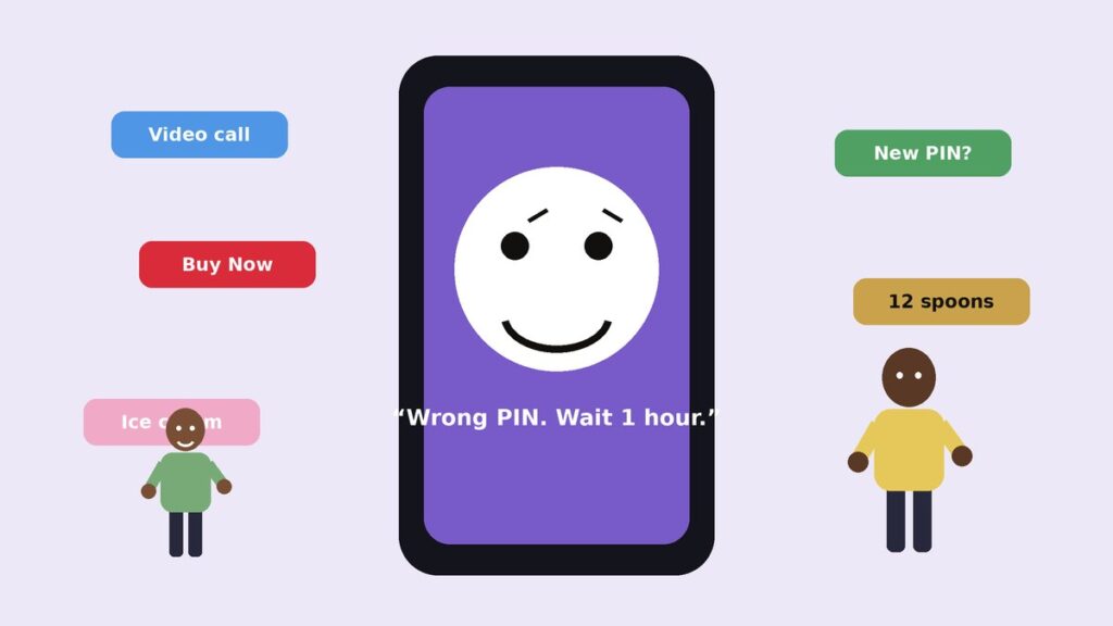 Illustration of a puzzled middle-aged man holding a glowing smartphone that has a smirking face on the screen, with confused icons floating around