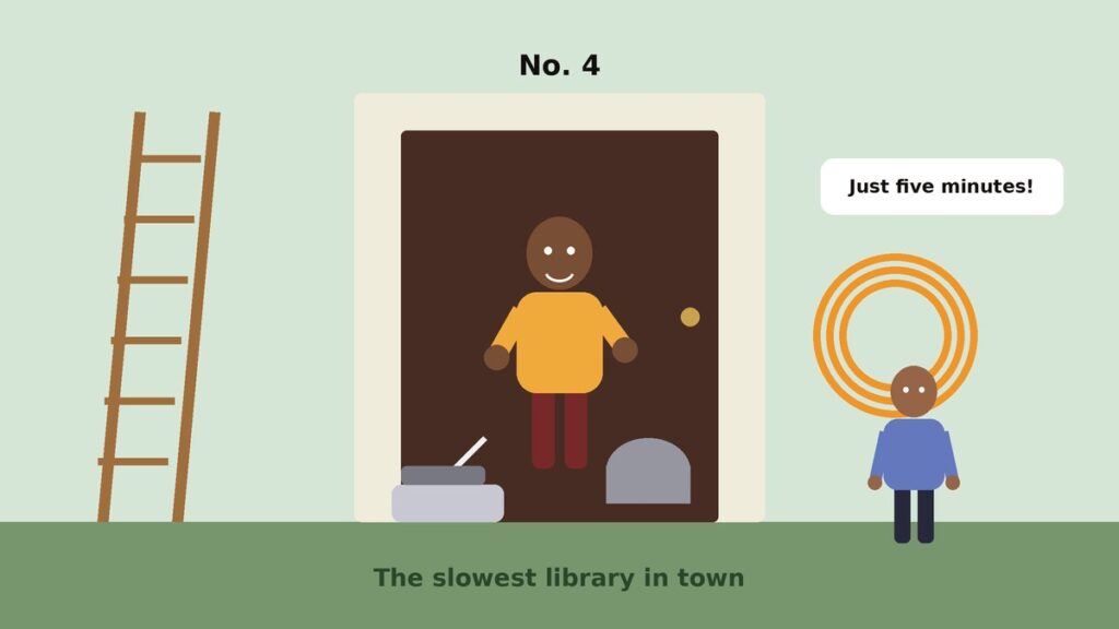 Illustration of a smiling neighbour at a doorway holding an extension cable, a ladder, an iron and a cooking pot while a tired homeowner watches