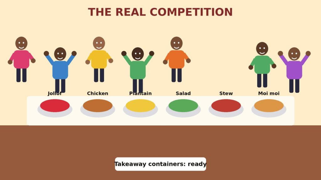 Illustration of guests in colourful outfits racing politely toward a long wedding buffet table piled with jollof rice, meat and plantain