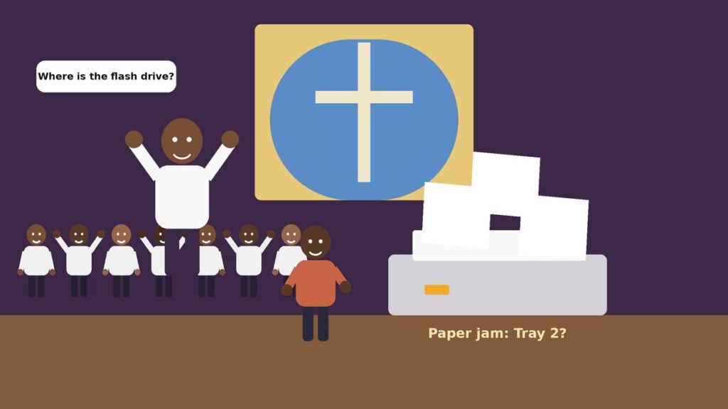 Illustration of a worried pastor and a church volunteer beside a jammed printer spitting out crooked pages while the choir waits in the background