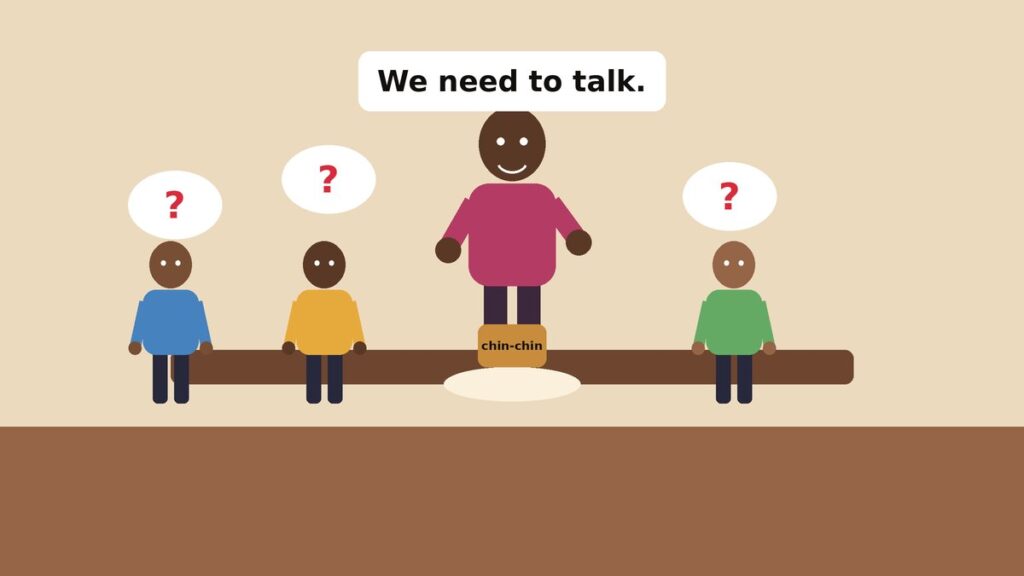 Illustration of a mother with folded arms at a dining table facing three nervous grown children, with thought bubbles full of question marks