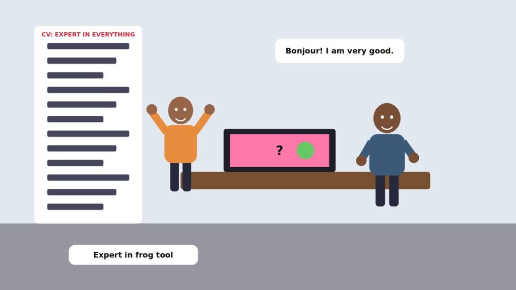 Illustration of a confident job applicant presenting a very long CV scroll to a calm interviewer while a laptop shows an error message