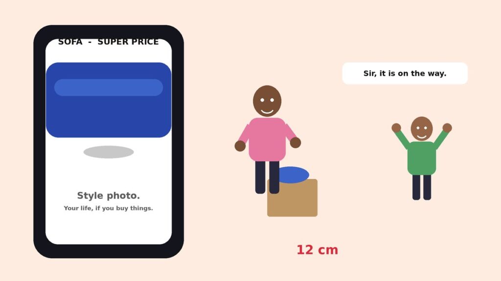 Illustration of a young woman holding a tiny parcel while her phone shows a huge glamorous product photo, with a delivery rider shrugging behind her