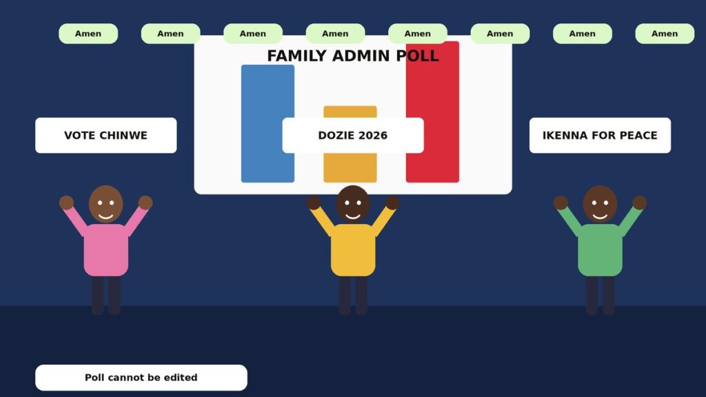 Illustration of three relatives holding campaign posters and phones in front of a giant poll chart on a screen with tiny voting icons