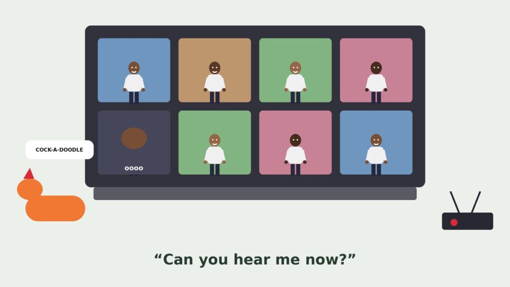 Illustration of a man frozen mid-gesture on a laptop video call grid with a rooster and a child peeking behind him and a router with a red light