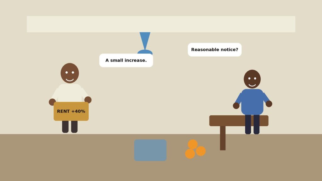 Illustration of a smiling landlord with a folder and a tenant holding a leaking bucket and a tenancy agreement, standing in a modest living room