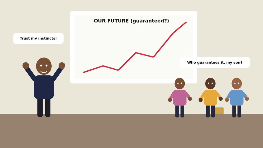 Illustration of a confident man in a suit pointing at a rising line on a whiteboard while three skeptical friends hold their wallets