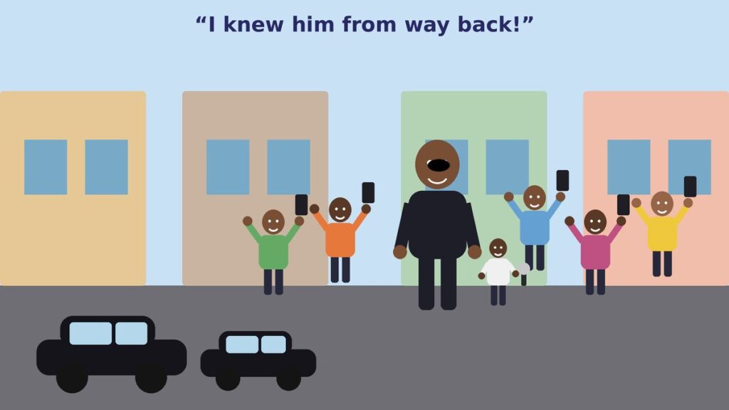 Illustration of a street full of excited neighbours holding phones toward a tall figure in sunglasses stepping out of a black car, with a boy holding a toy microphone