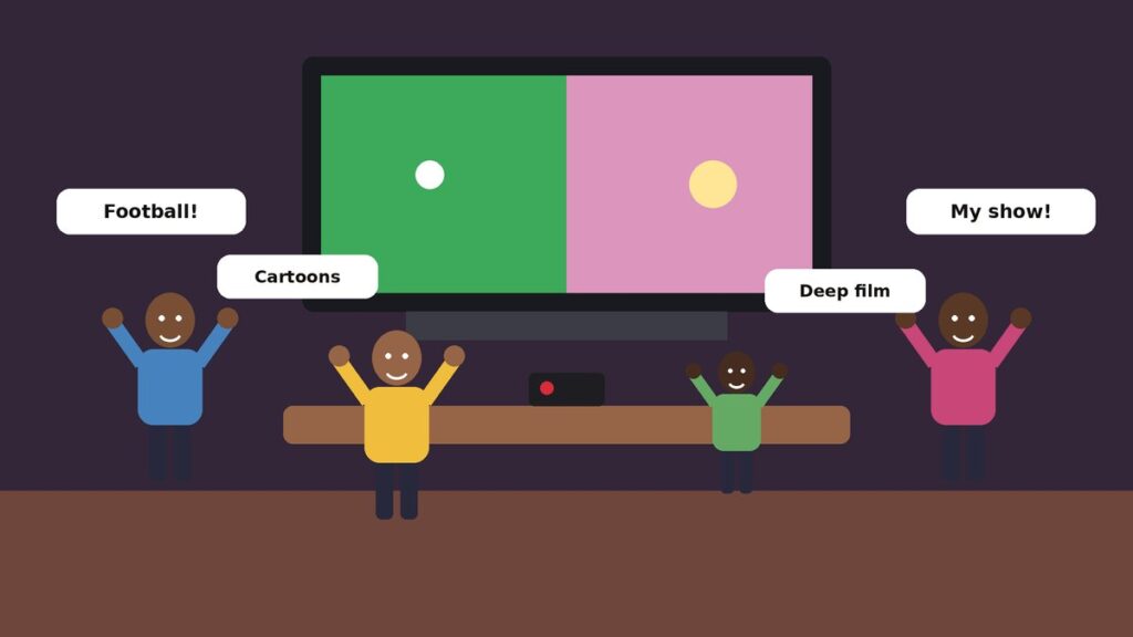Illustration of a father, a mother and two children all reaching toward a single television remote control above a living-room table, with a TV showing split screens